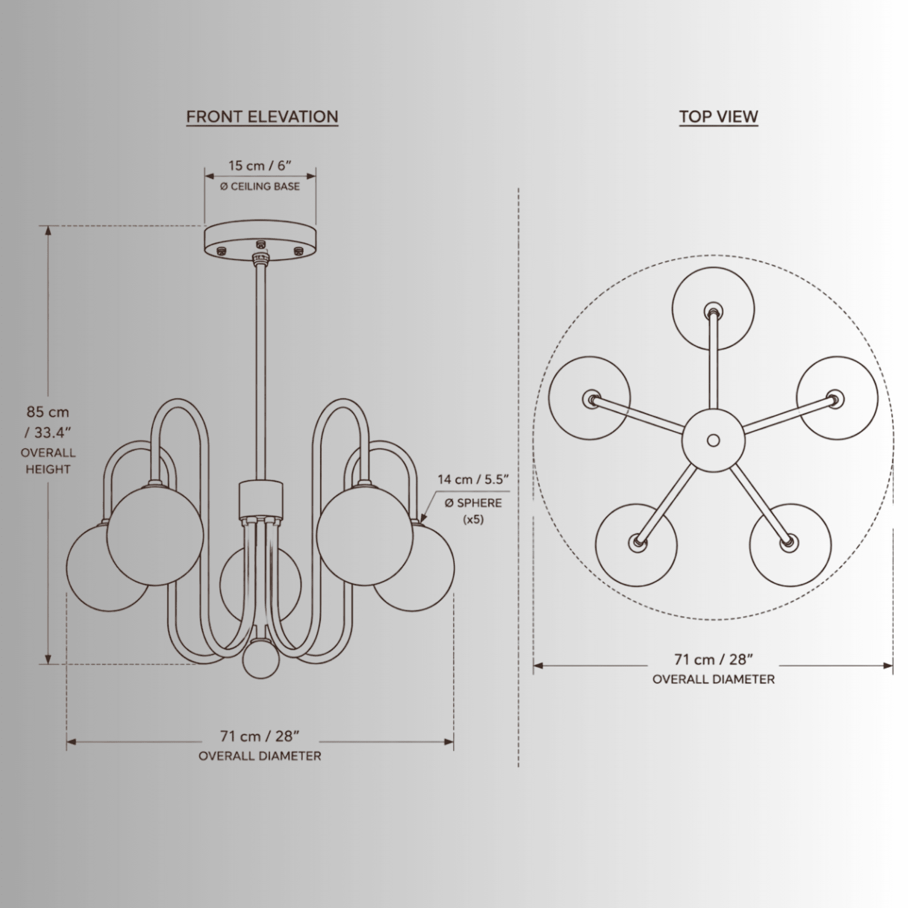 Alabaster Aria chandelier CAD drawing showing front elevation, top view, dimensions and 5 Spanish alabaster spheres