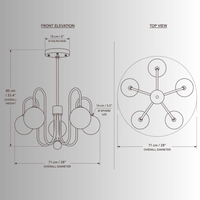 Alabaster Aria chandelier CAD drawing showing front elevation, top view, dimensions and 5 Spanish alabaster spheres