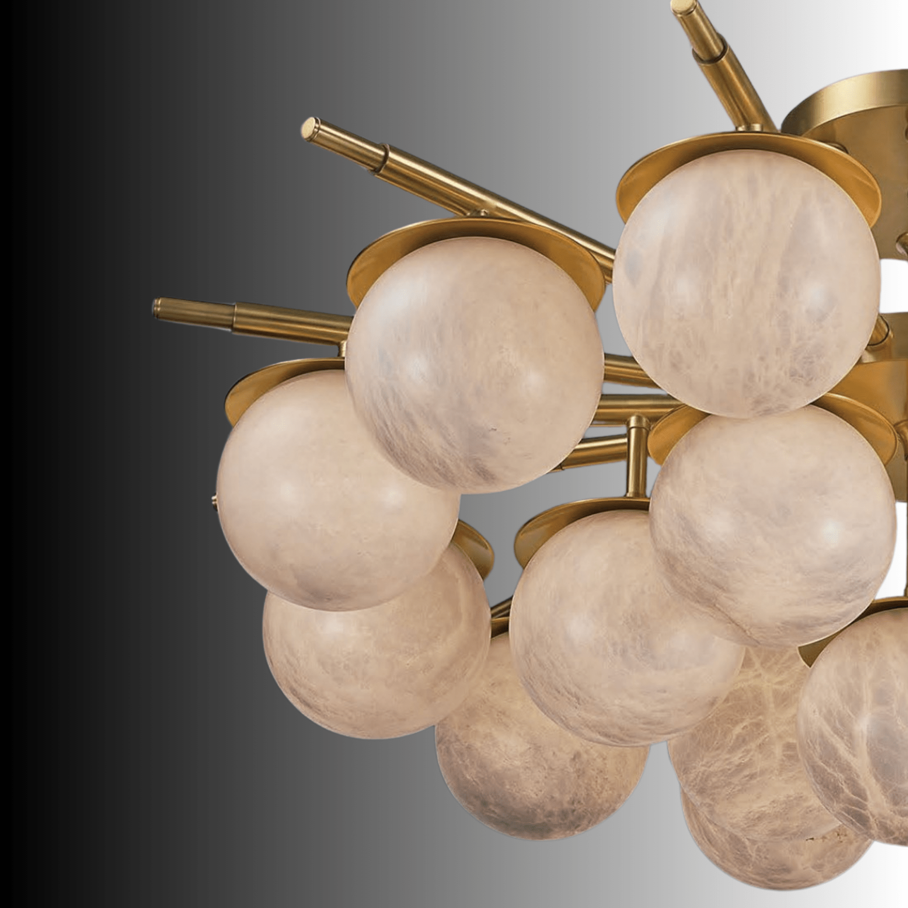 Detail of solid copper frame and alabaster globes in bespoke designer ceiling light.
