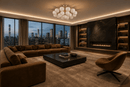 Alabaster Avelina alabaster chandelier in luxury Manhattan penthouse living room with skyline views and suede seating