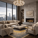 Luxury alabaster chandelier over marble fireplace living room with modern city skyline view.