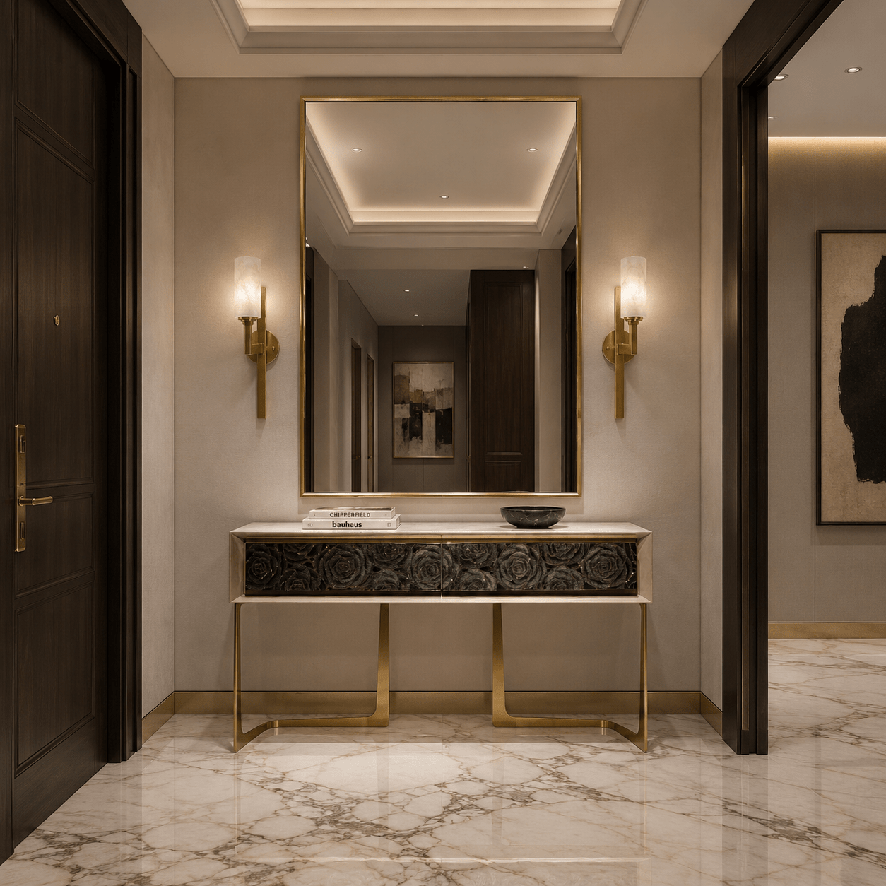 Alabaster Axis brass wall lights illuminating a luxury apartment entrance with marble flooring and mirror