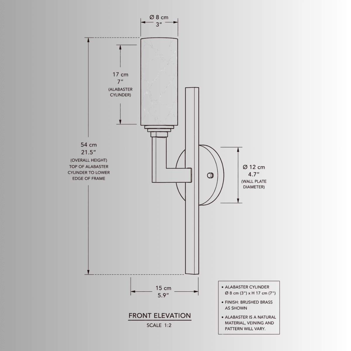CAD elevation drawing of Alabaster Axis Spanish alabaster wall light with dimensions in cm and inches
