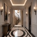 Luxurious hallway at London Kennington with marble floor, staircase, and 4 Alabaster Axis installed.