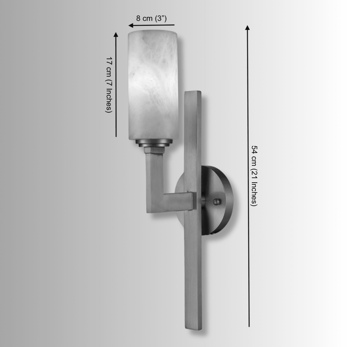 Technical dimensions of Alabaster Axis wall light showing 54cm (21") height and 17cm(7") alabaster cylinder.