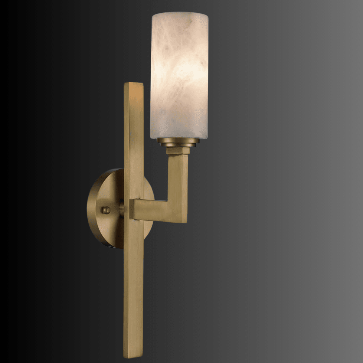 Luxury architectural Alabaster alabaster wall light in matt brass copper with vertical structural spine.