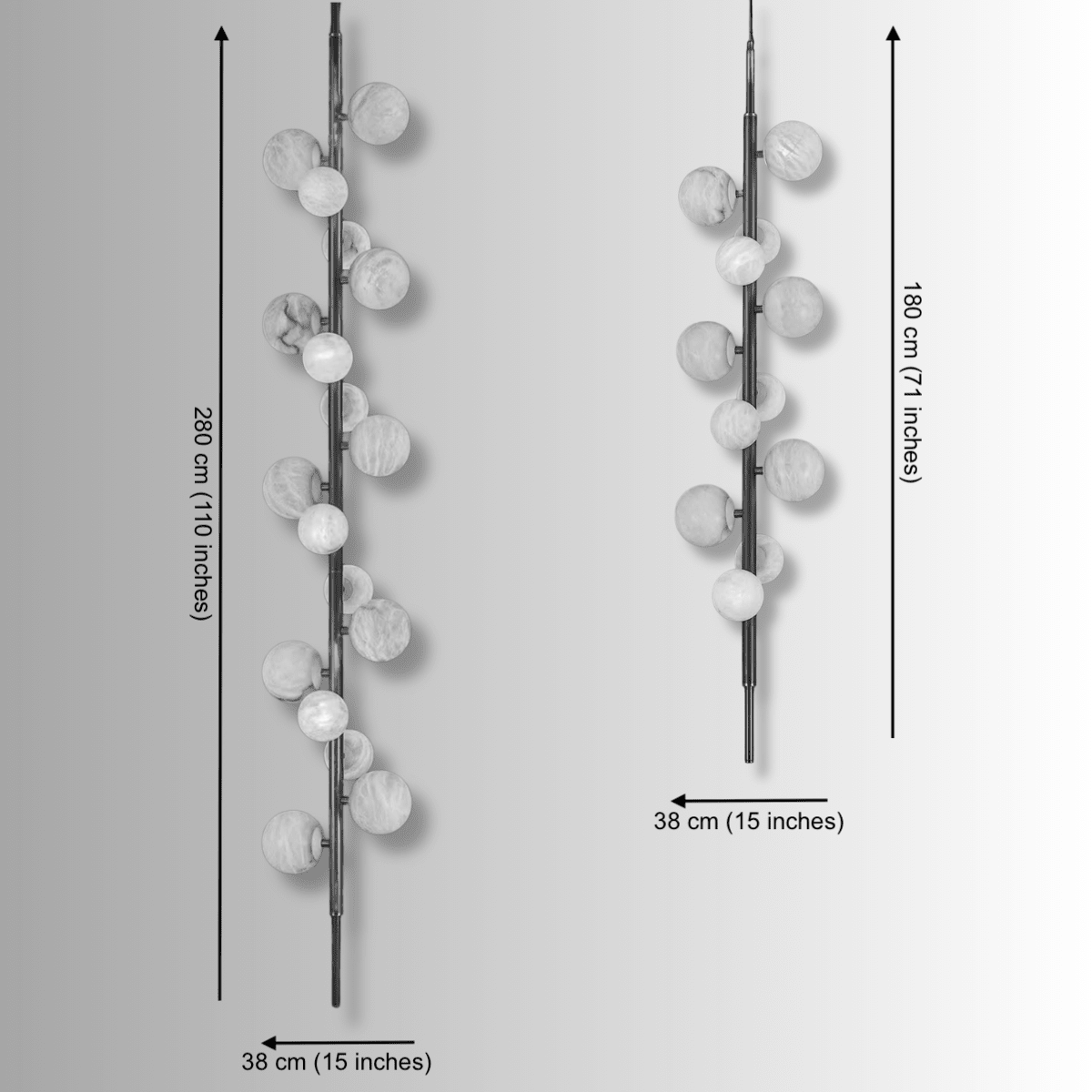 Alabaster Colonna pendant dimensions 180cm and 280cm with sphere layout.