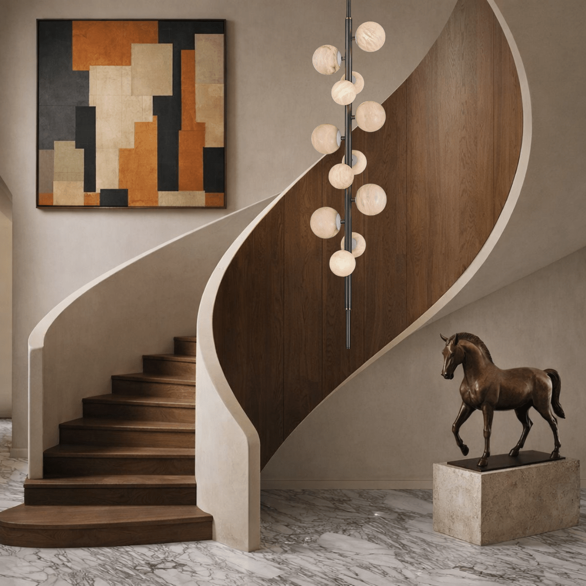 Vertical alabaster chandelier installed in modern double-height staircase interior.