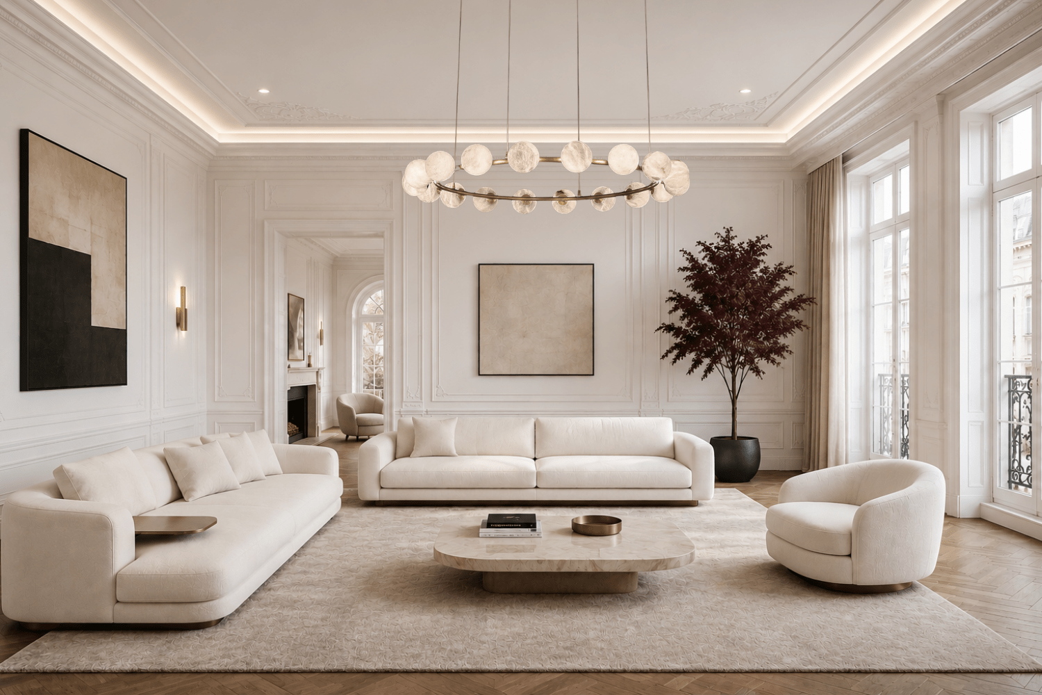 Luxury Spanish Alabaster Ring Chandelier in Elegant London Living Room, Architectural Statement Lighting
