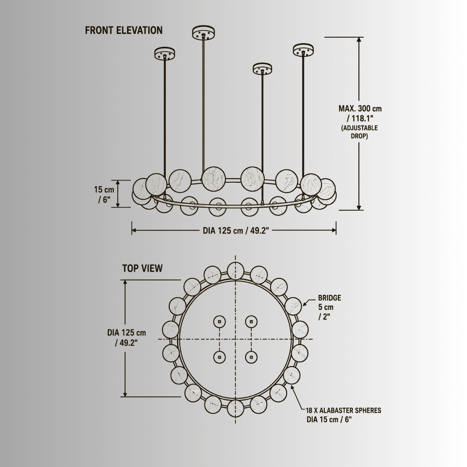 CAD drawing of Alabaster Galaxia chandelier showing 125 cm (49") ring, top and front virew.