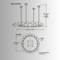 CAD drawing of Alabaster Galaxia chandelier showing 125 cm (49") ring, top and front virew.