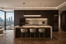Luxury London kitchen with Spanish alabaster linear pendant, marble island and dark wood cabinetry