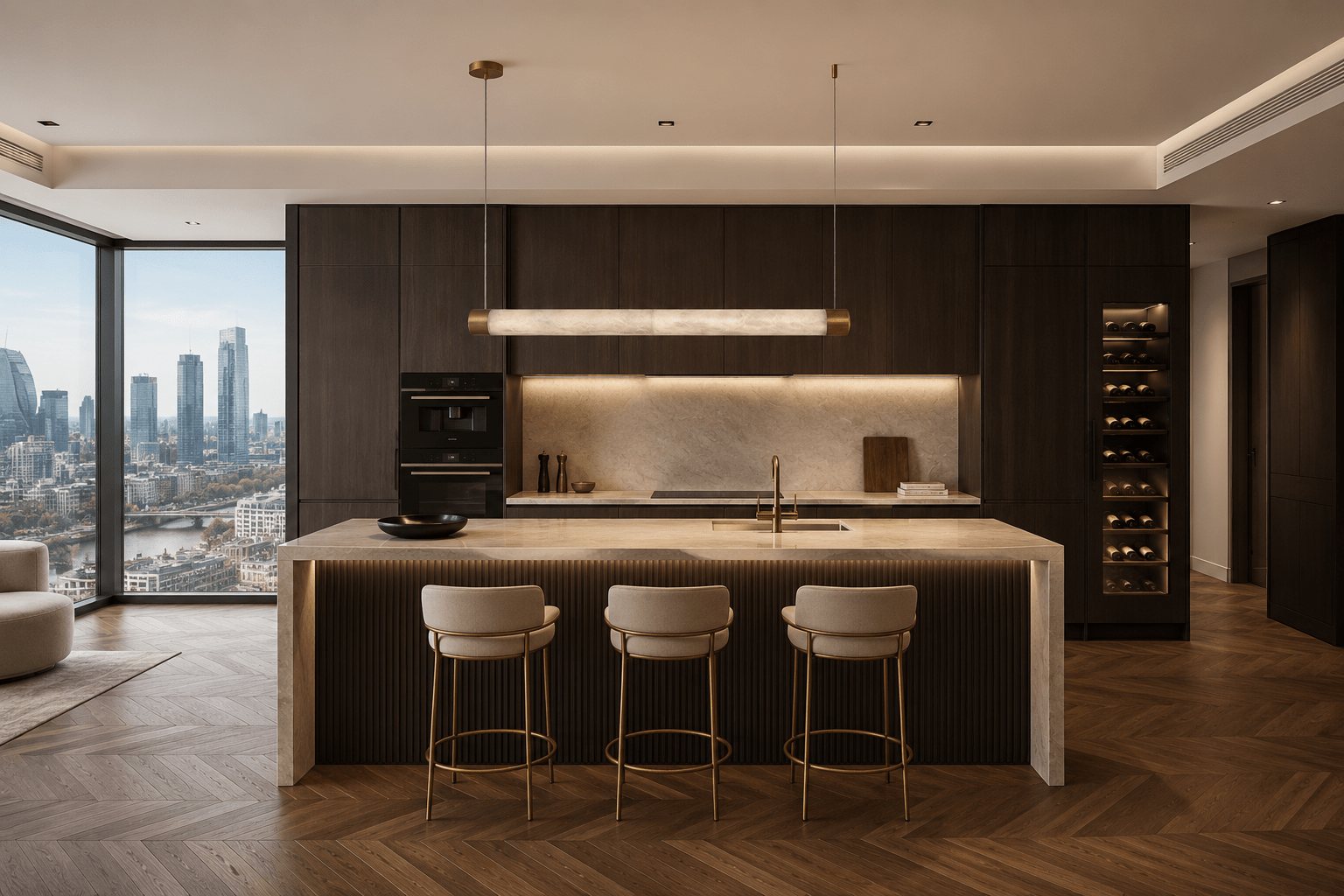 Luxury London kitchen with Spanish alabaster linear pendant, marble island and dark wood cabinetry