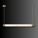 Alabaster Lumen linear pendant shown against a dark gradient background with brass-finished end caps.