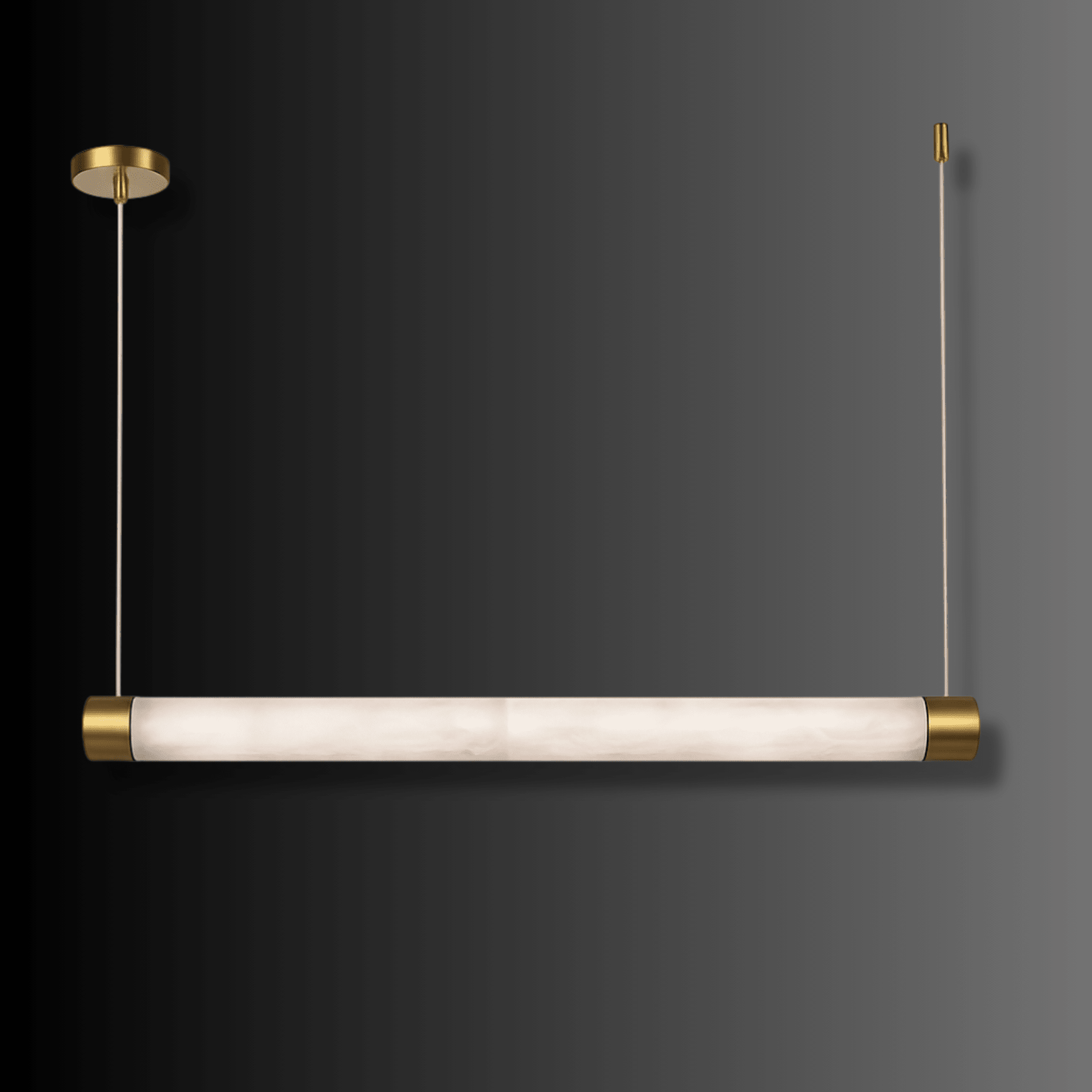 Alabaster Lumen linear pendant shown against a dark gradient background with brass-finished end caps.