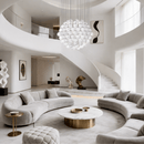 Large alabaster chandelier installed in double-height luxury foyer interior.