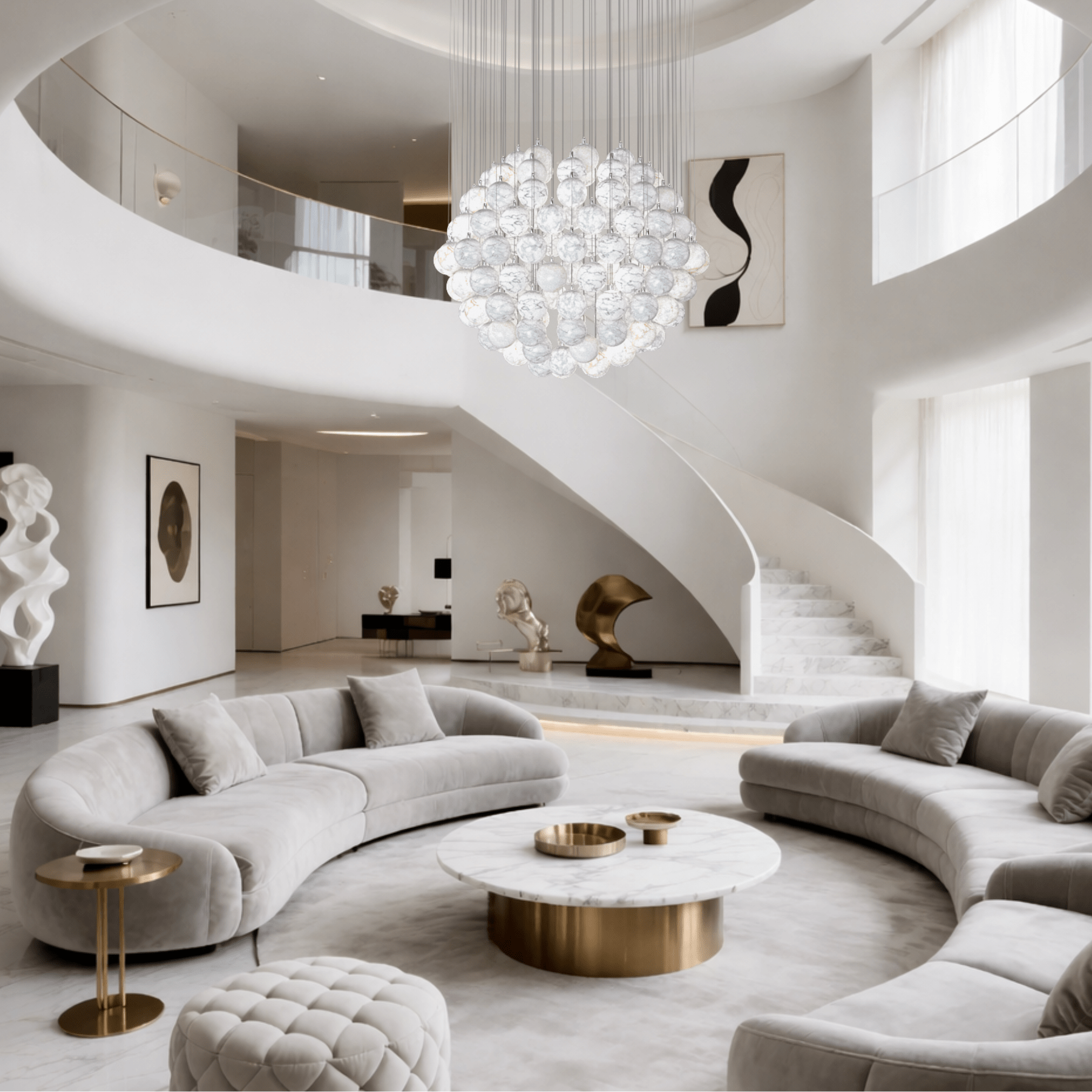 Large alabaster chandelier installed in double-height luxury foyer interior.