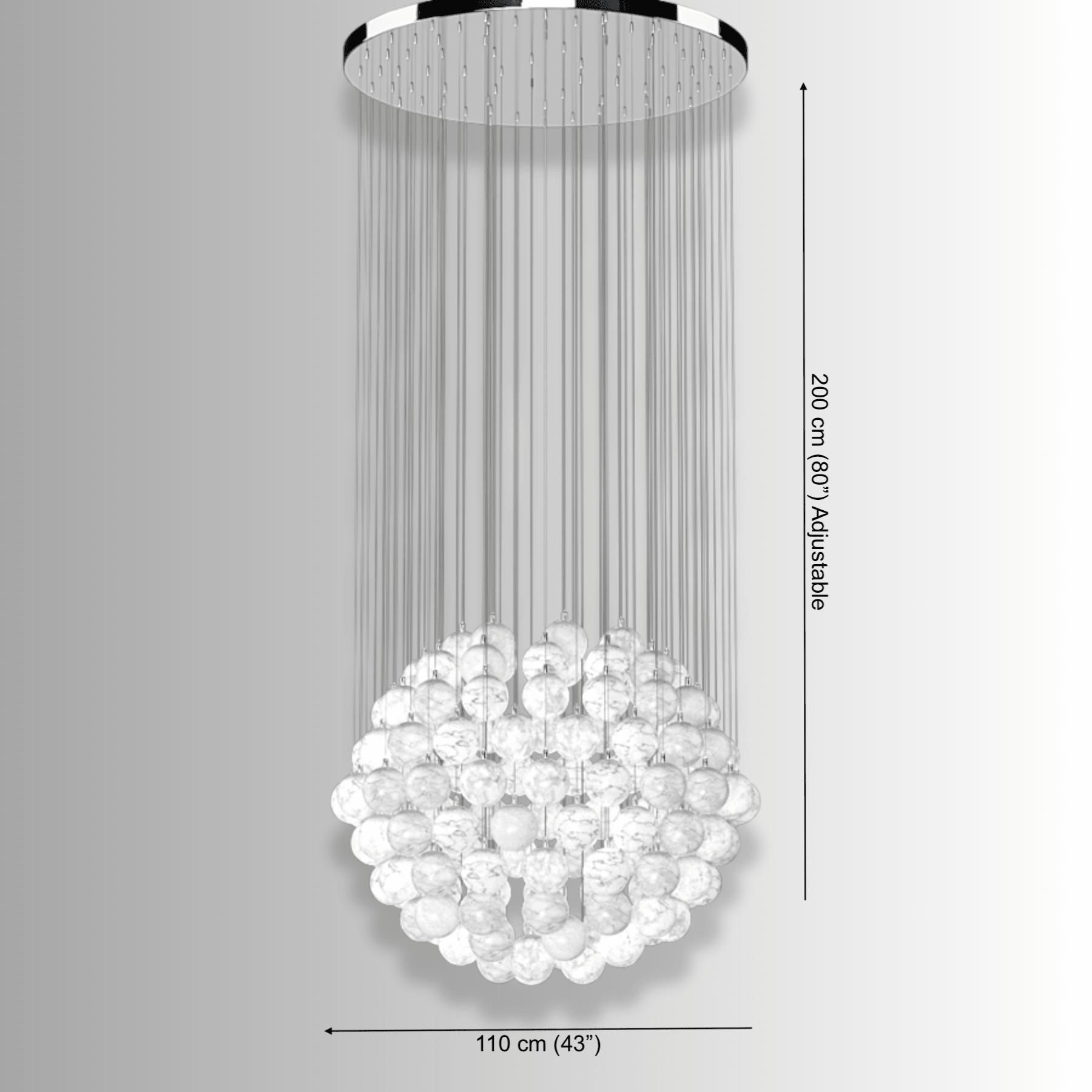 Alabaster chandelier 110cm (43") diameter with adjustable 200cm (80") drop dimension diagram.