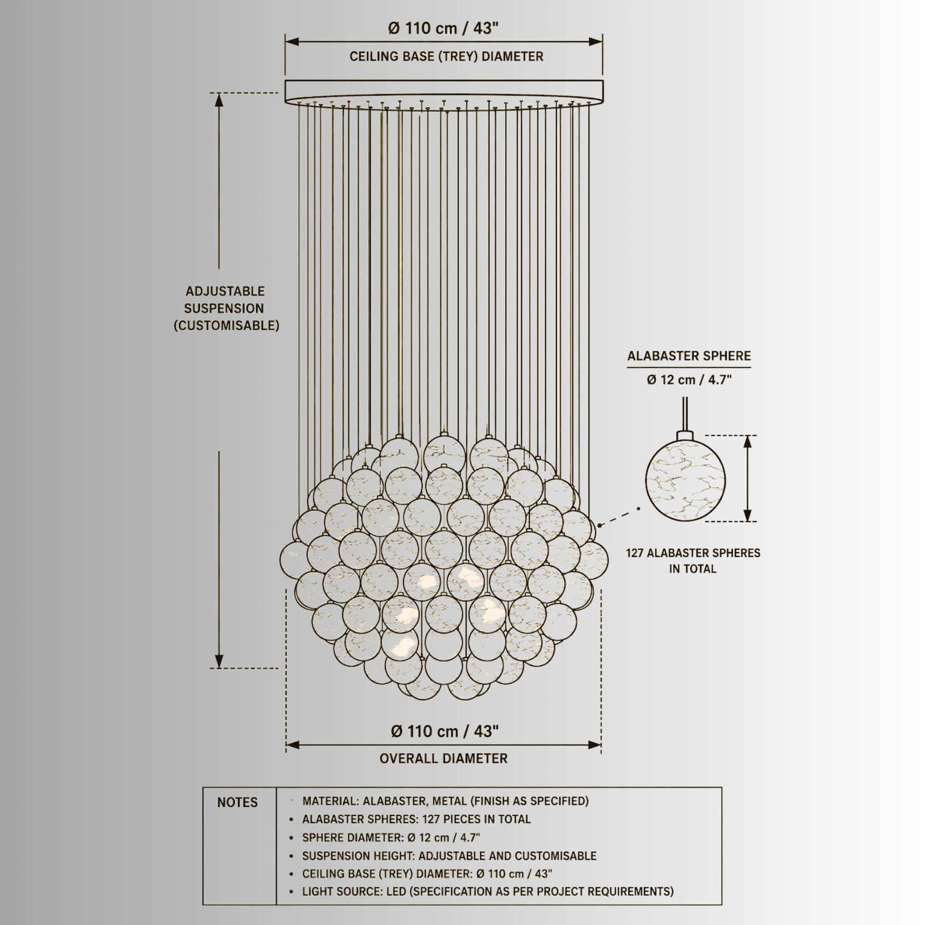 Alabaster Luna technical CAD drawing with 127 Spanish alabaster spheres and 110 cm architectural pendant dimensions