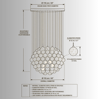 Alabaster Luna technical CAD drawing with 127 Spanish alabaster spheres and 110 cm architectural pendant dimensions