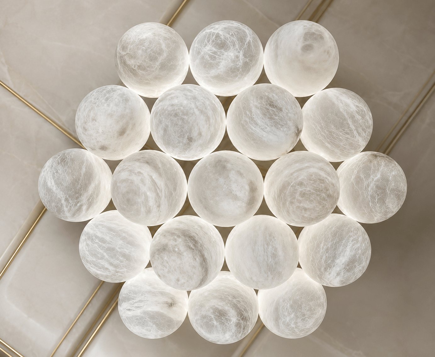 Spanish alabaster spheres close-up showcasing natural veining and architectural luxury lighting craftsmanship