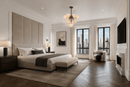 Alabaster Nova chandelier in a modern luxurious bedroom with premium wood floor and finishes in New York.