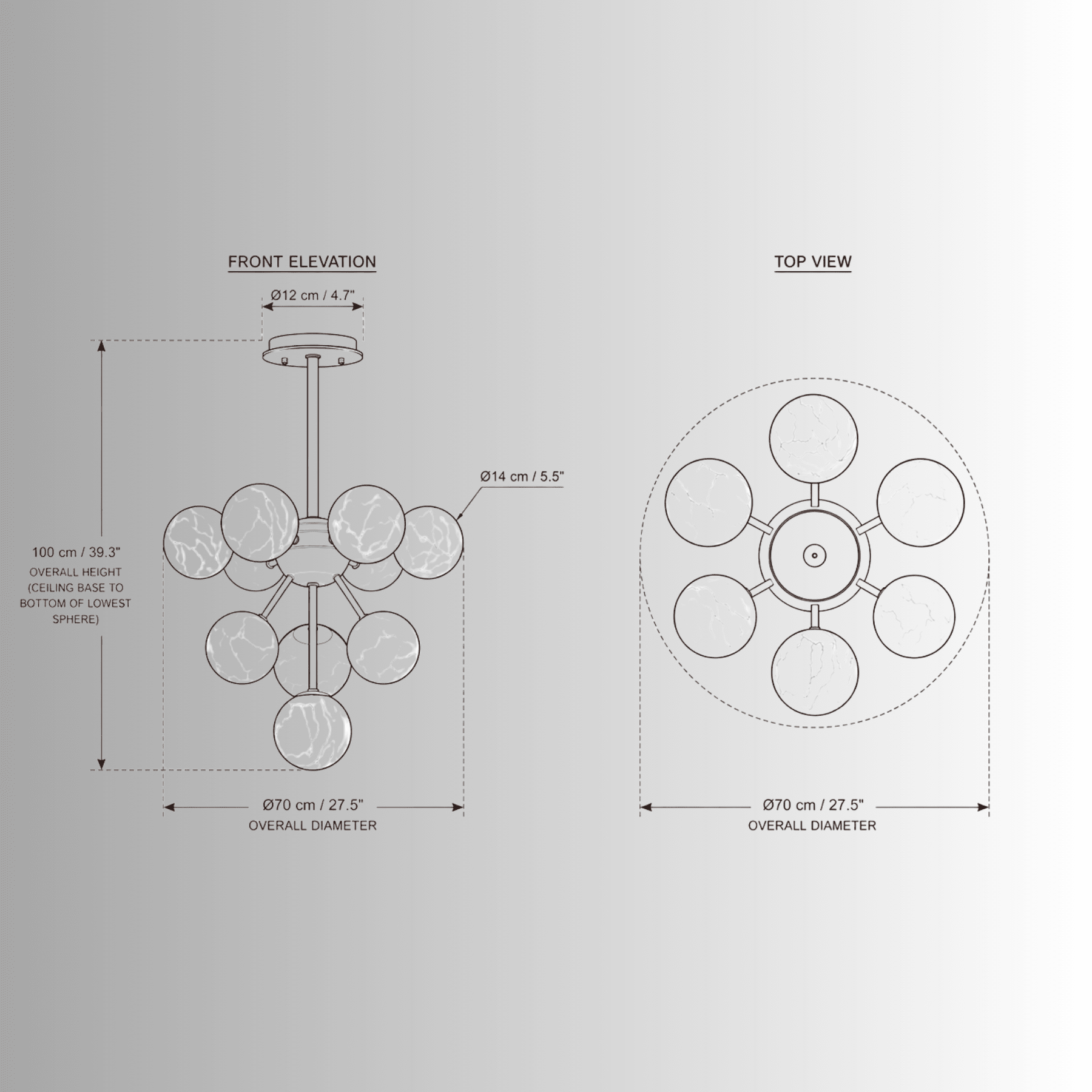  CAD drawing of  alabaster Nova chandelier, front and opw view drawing.