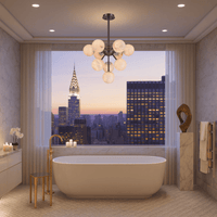 Alabaster Nova chandelier lighting a luxury bathroom with New York skyline view.