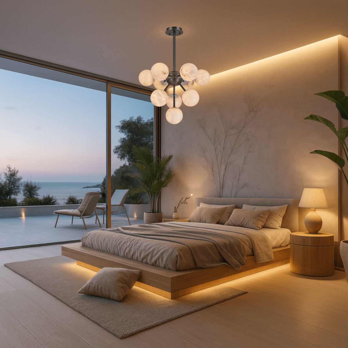 Alabaster Nova chandelier illuminating a modern coastal bedroom with warm ambient light.