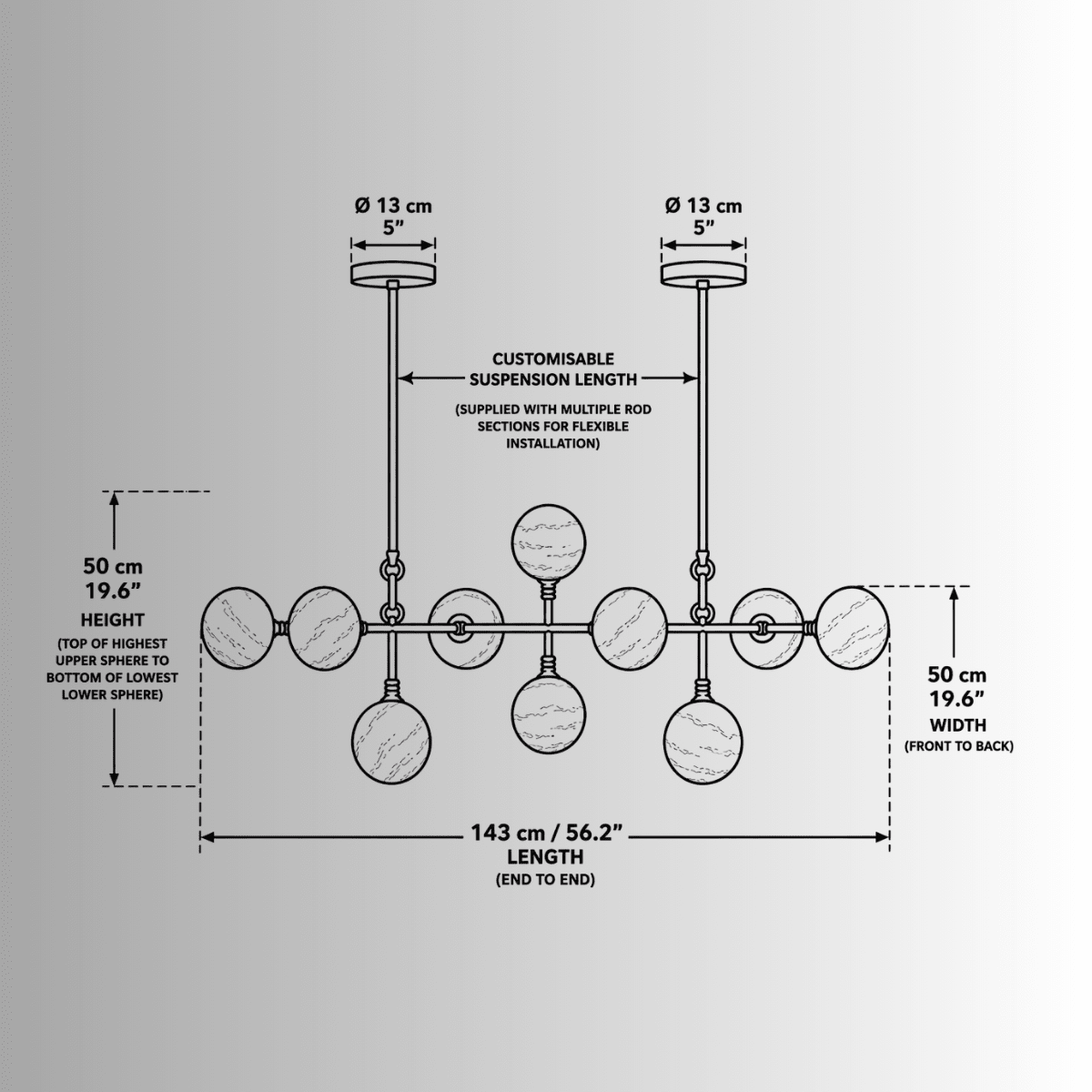Alabaste Oris Linear Chandelier CAD drawing with measurements in metric and imperial