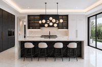 Alabaster Orbis linear alabaster chandelier above marble kitchen island in luxury  kitchen with black and white appliances