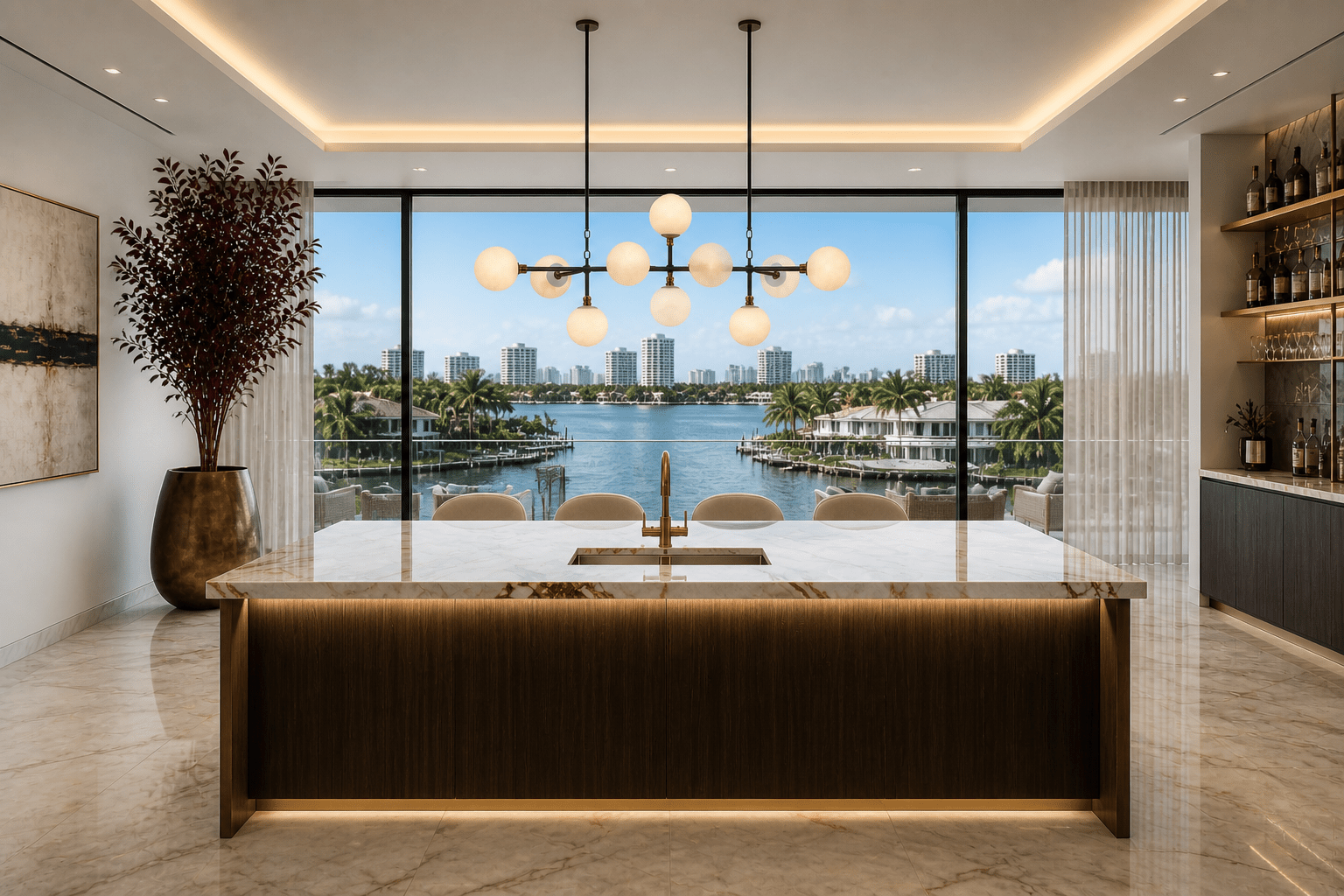 Alabaster Orbis linear alabaster chandelier above marble island in luxury waterfront kitchen