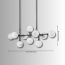 Dimension diagram of linear alabaster chandelier showing 150cm length and 56cm body height.