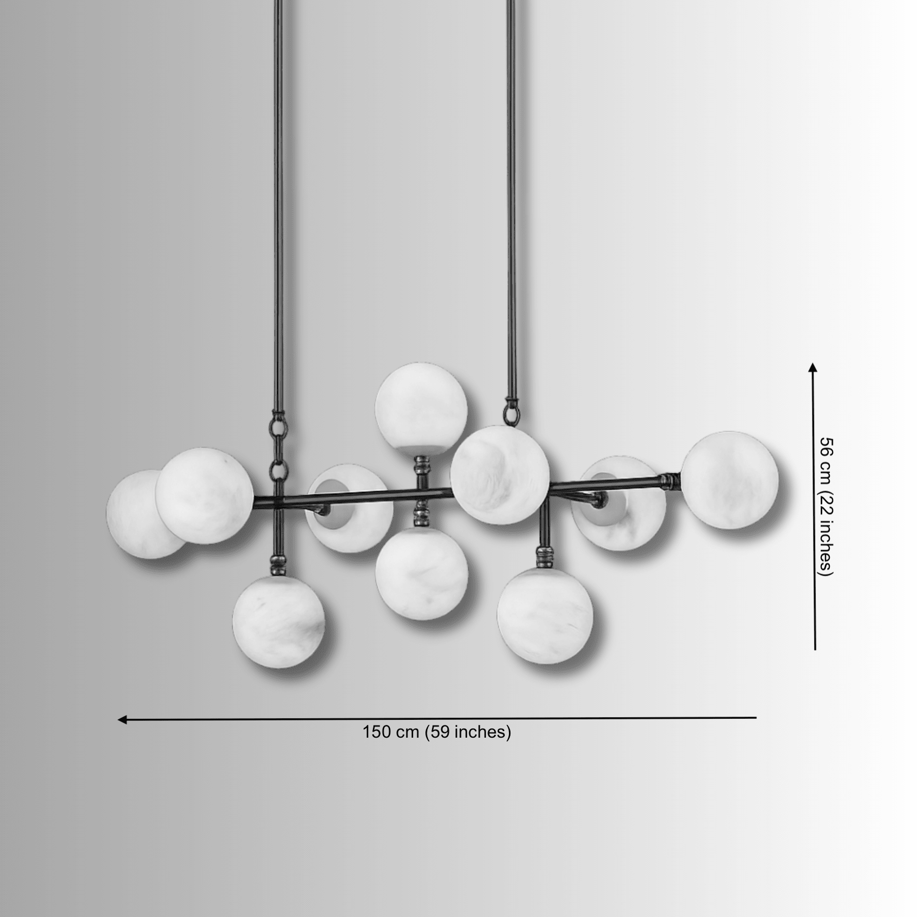 Dimension diagram of linear alabaster chandelier showing 150cm length and 56cm body height.