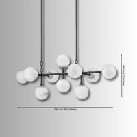 Dimension diagram of linear alabaster chandelier showing 150cm length and 56cm body height.