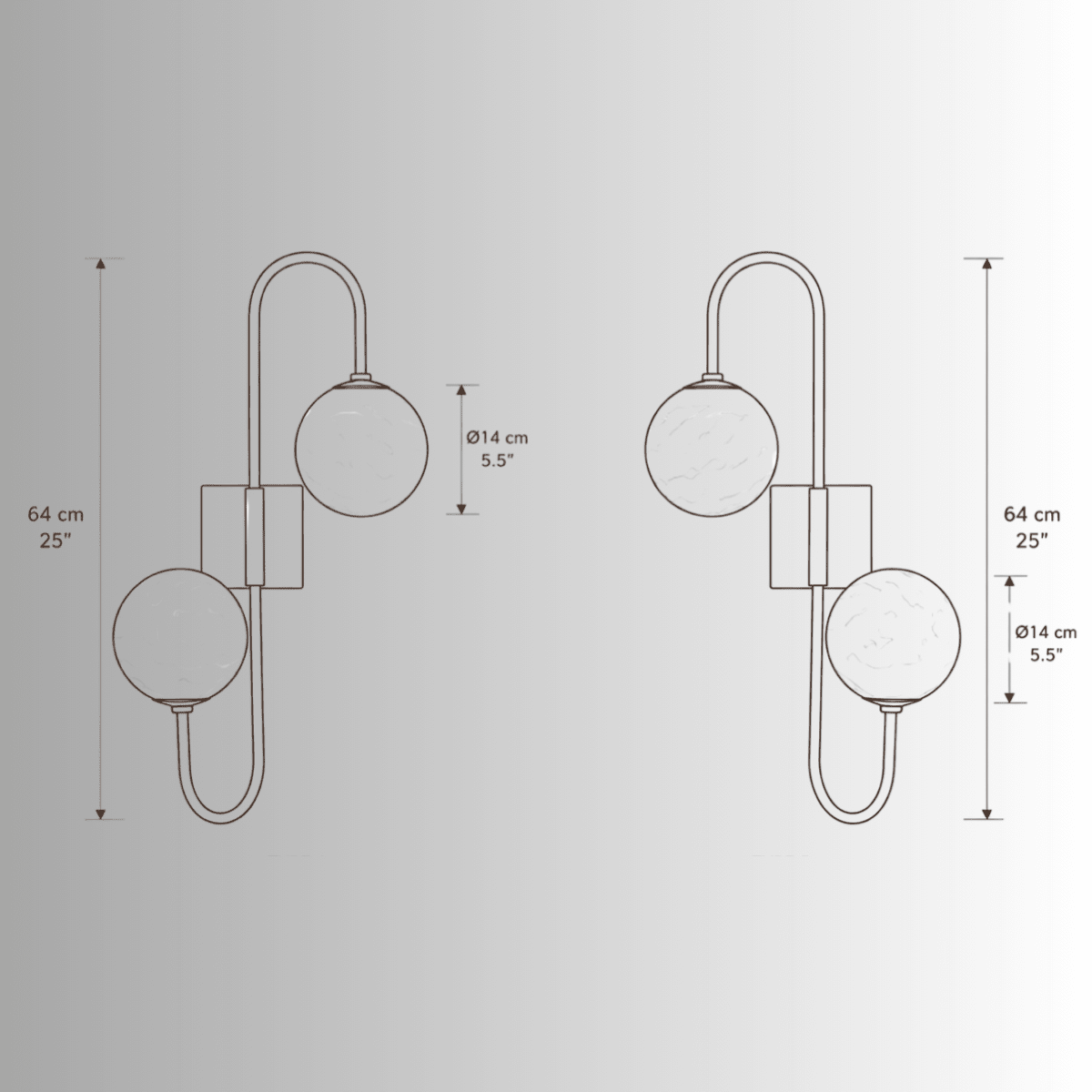Technical CAD drawing of Alabaster Sfera wall lamps with dimensions in cm and inches for luxury lighting specification