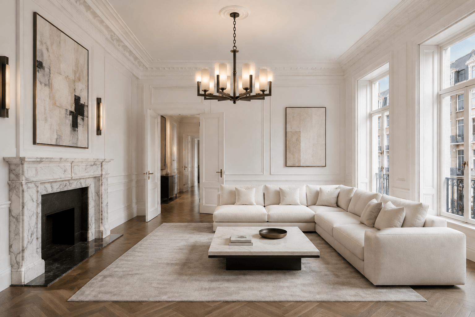 Alabaster Strata Chandelier installed in luxurious living room with white sofas, marble fireplace, wood floor in London Chesea