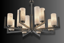 Angled view of Spanish alabaster chandelier showing radial geometry and layered stone illumination.
