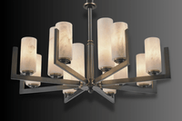 Angled view of Spanish alabaster chandelier showing radial geometry and layered stone illumination.