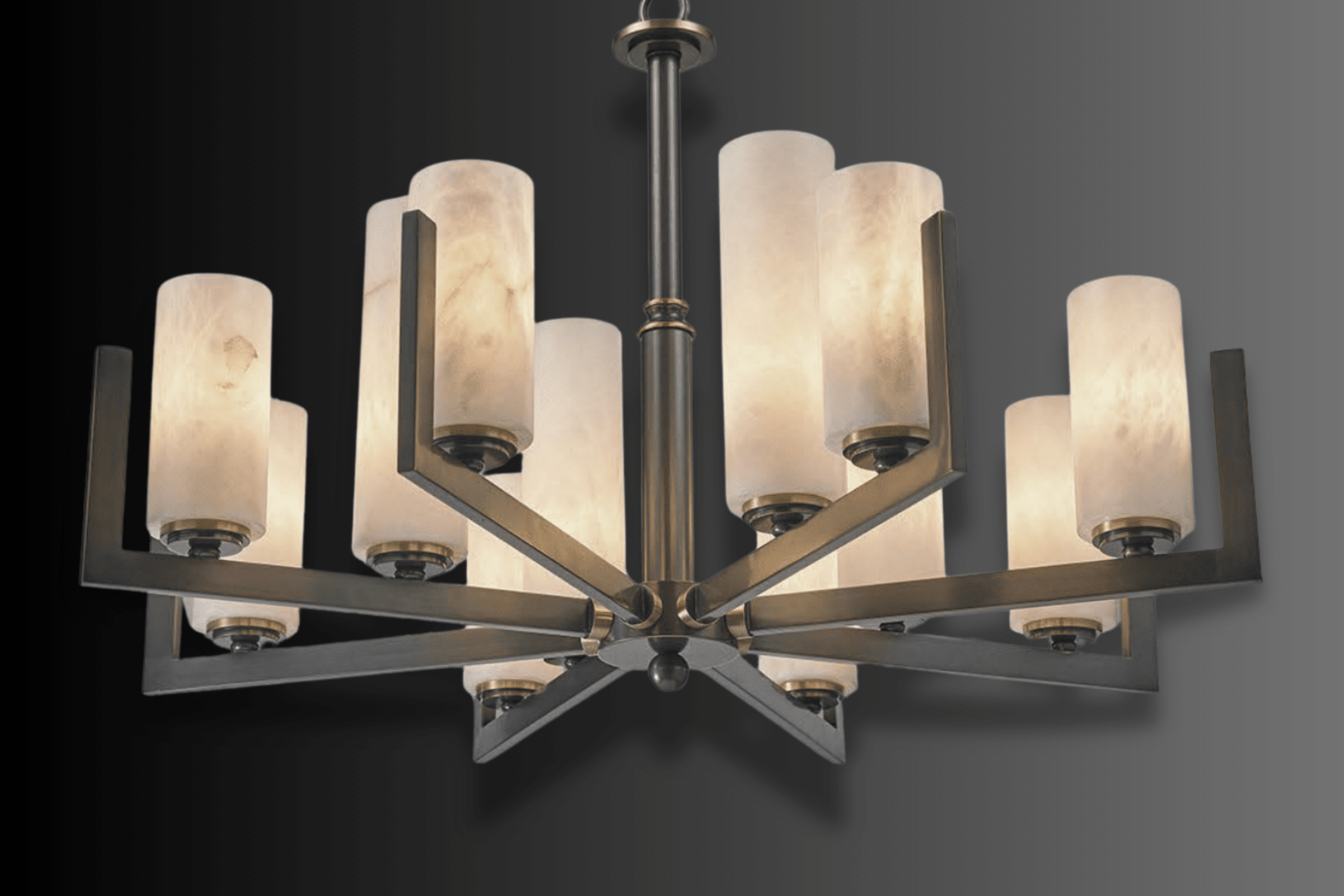 Angled view of Spanish alabaster chandelier showing radial geometry and layered stone illumination.