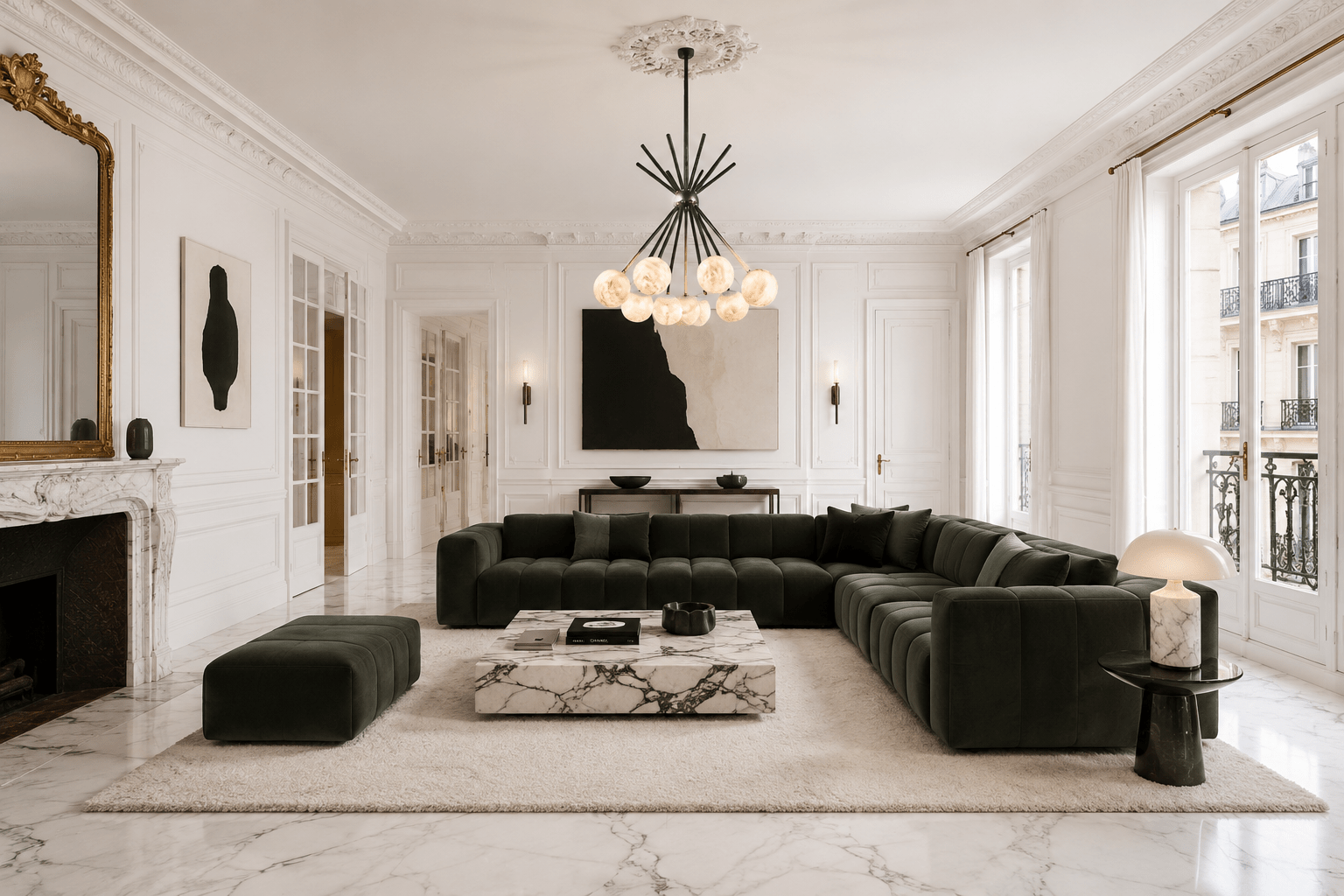 Alabaster Valeria chandelier in a luxury Paris living room with marble flooring and green velvet sofa