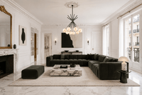 Alabaster Valeria chandelier in a luxury Paris living room with marble flooring and green velvet sofa