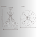 Alabaster Valeria chandelier CAD drawing with front elevation, top view, dimensions and 8 alabaster spheres
