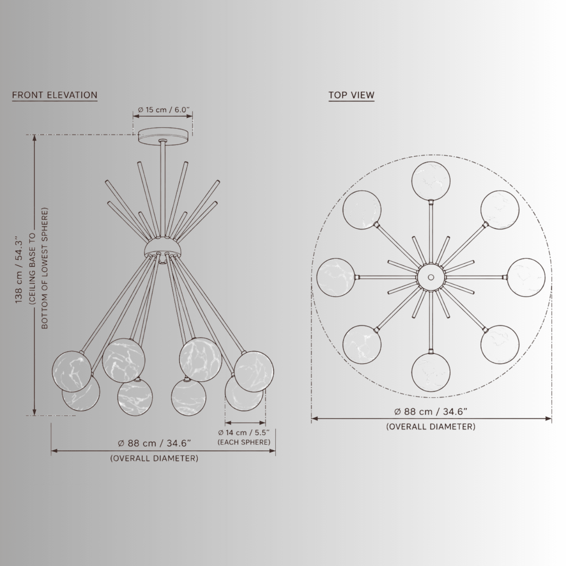 Alabaster Valeria chandelier CAD drawing with front elevation, top view, dimensions and 8 alabaster spheres