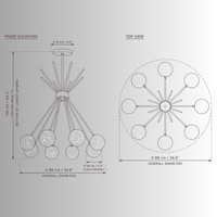 Alabaster Valeria chandelier CAD drawing with front elevation, top view, dimensions and 8 alabaster spheres