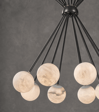Close-up of Alabaster Valeria chandelier with Spanish alabaster spheres and black metal framework