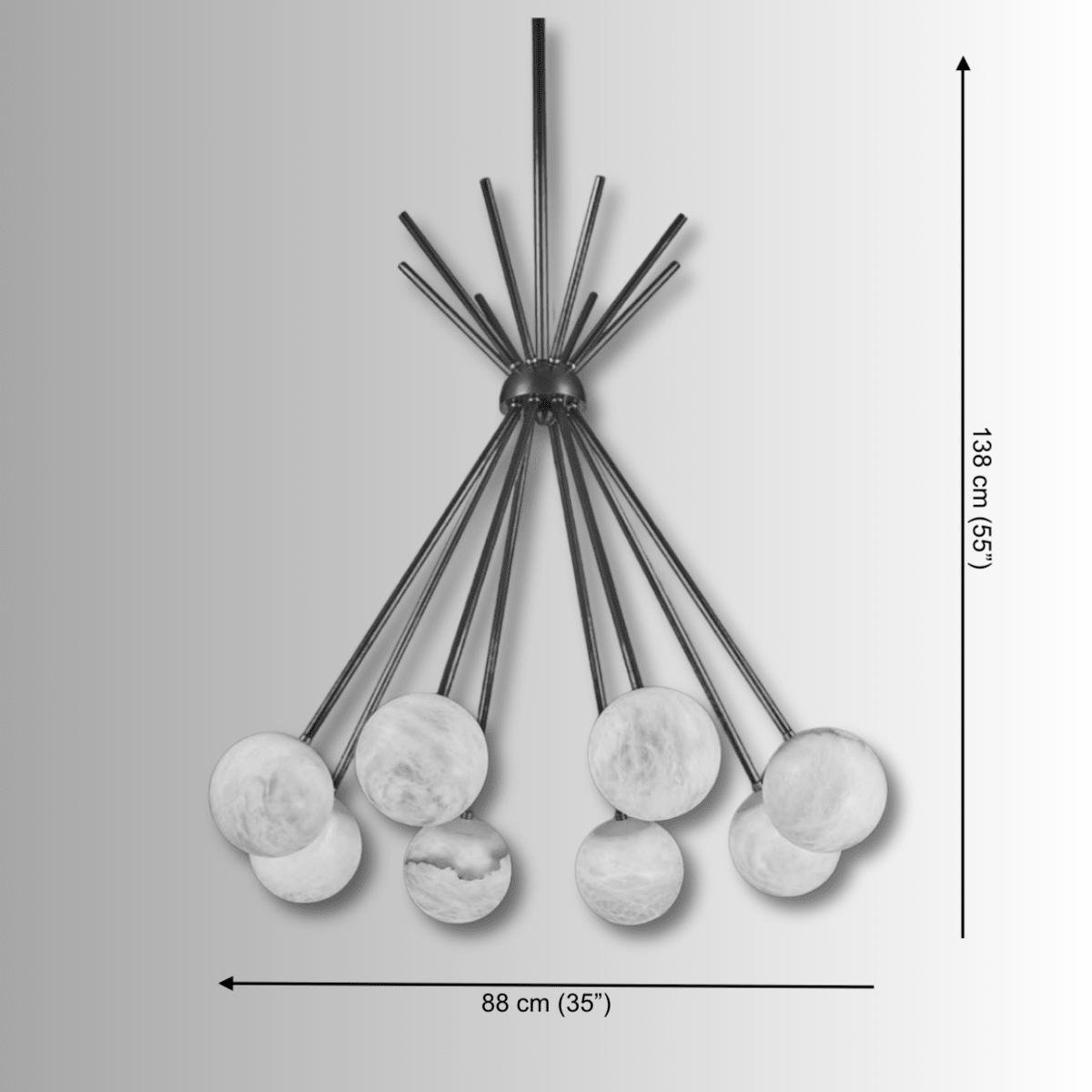 Technical view of alabaster pendant light with 88cm diameter and adjustable 138cm drop for architectural interiors.
