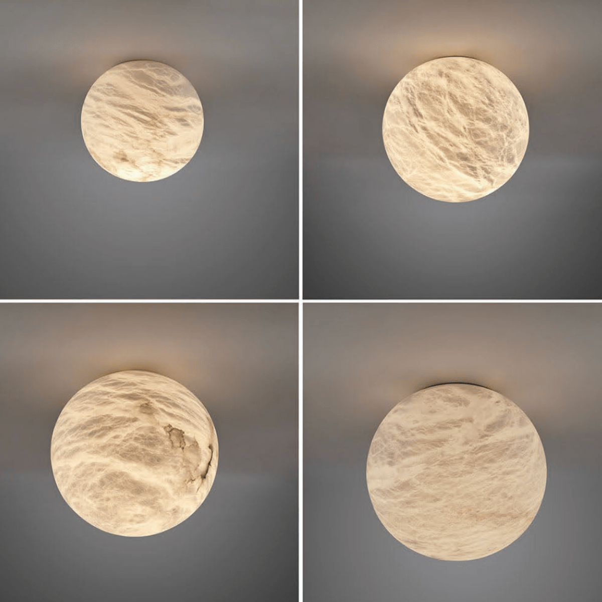 Natural alabaster stone variations highlighting the unique texture of each globe