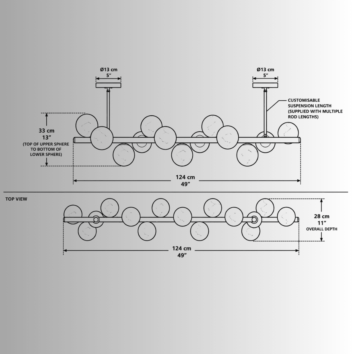 CAD drawing of Alabaster Verta linear pendant showing 124 cm (49") length and adjustable suspension drop