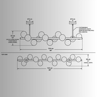 CAD drawing of Alabaster Verta linear pendant showing 124 cm (49") length and adjustable suspension drop